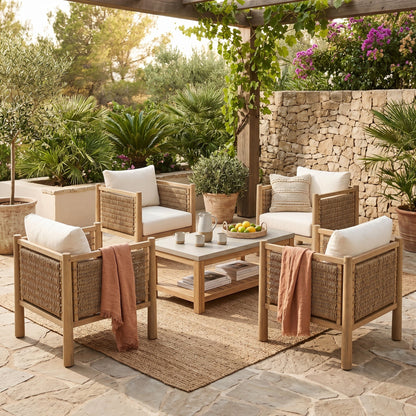 Set of 4 HouseOfZazla acacia wood patio chairs with woven rattan sides and white cushions on Tampa Home & Garden Store