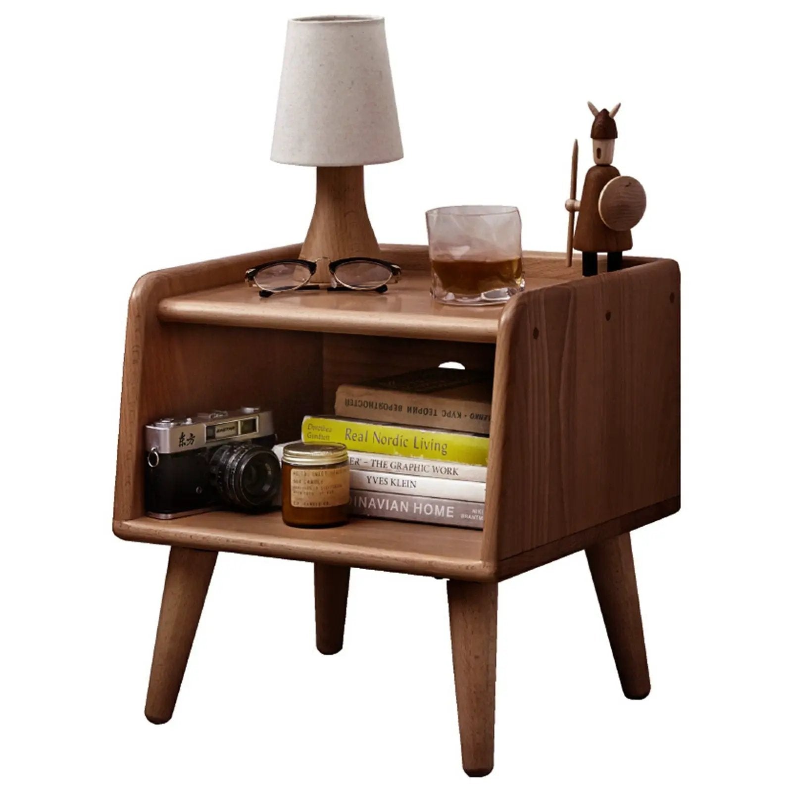 Bedside Cabinet, modern beech wood accent nightstand with lamp and wooden figurine on top on Tampa Home & Garden Store