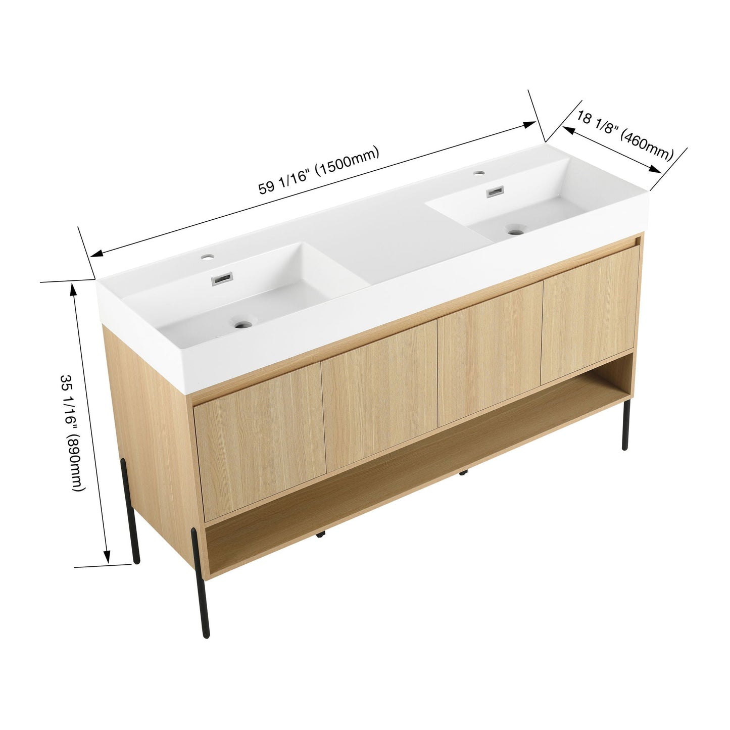 Modern bathroom vanity with single resin sink and light wood cabinet, 59 in long on Tampa Home & Garden Store