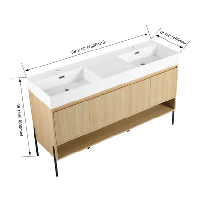 Modern bathroom vanity with single resin sink and light wood cabinet, 59 in long on Tampa Home & Garden Store