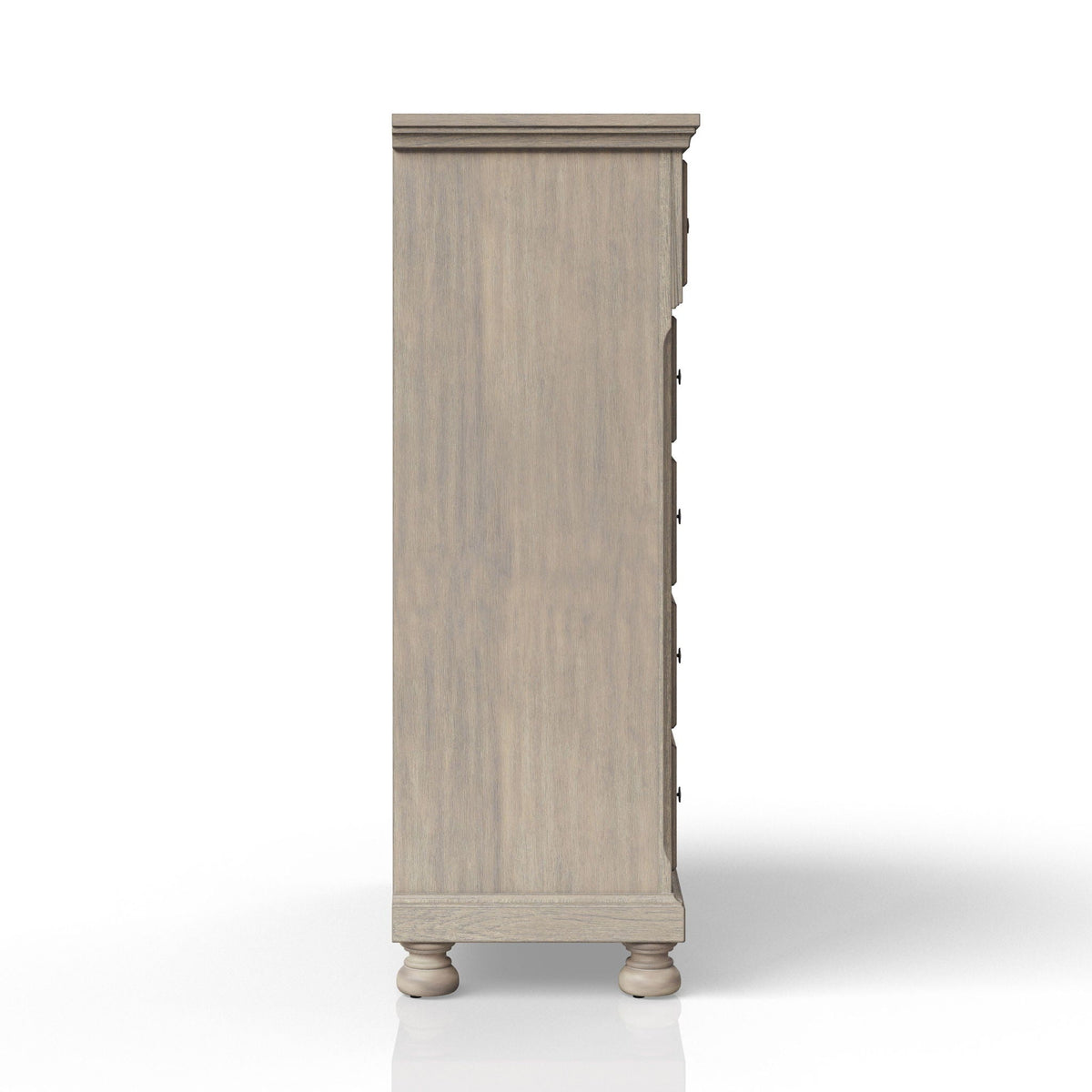 Five Drawer And Solid Wood Antique Chest dresser in weathered gray with turned feet on Tampa Home & Garden Store