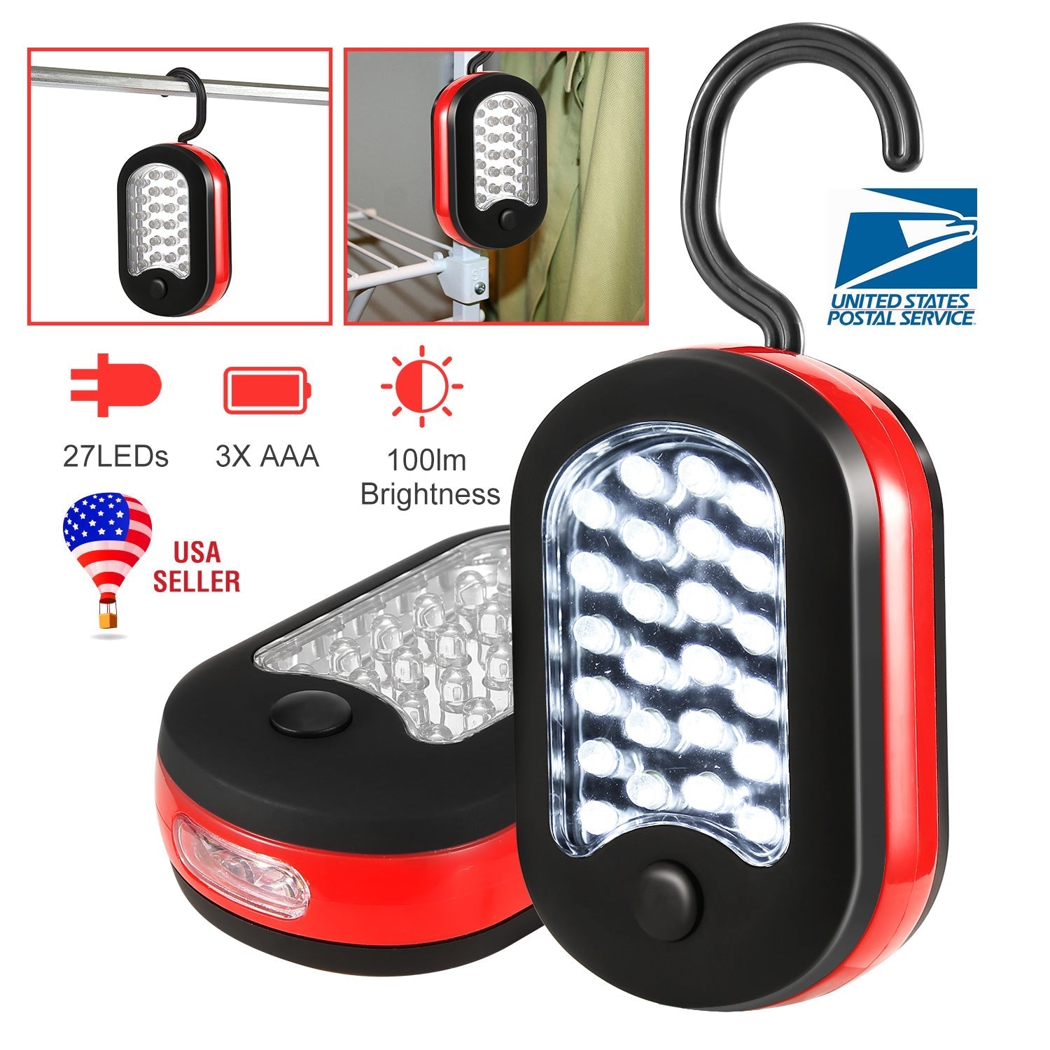 GemGear compact work light with 27 LEDs, hanging hook, uses 3x AAA batteries on Tampa Home & Garden Store