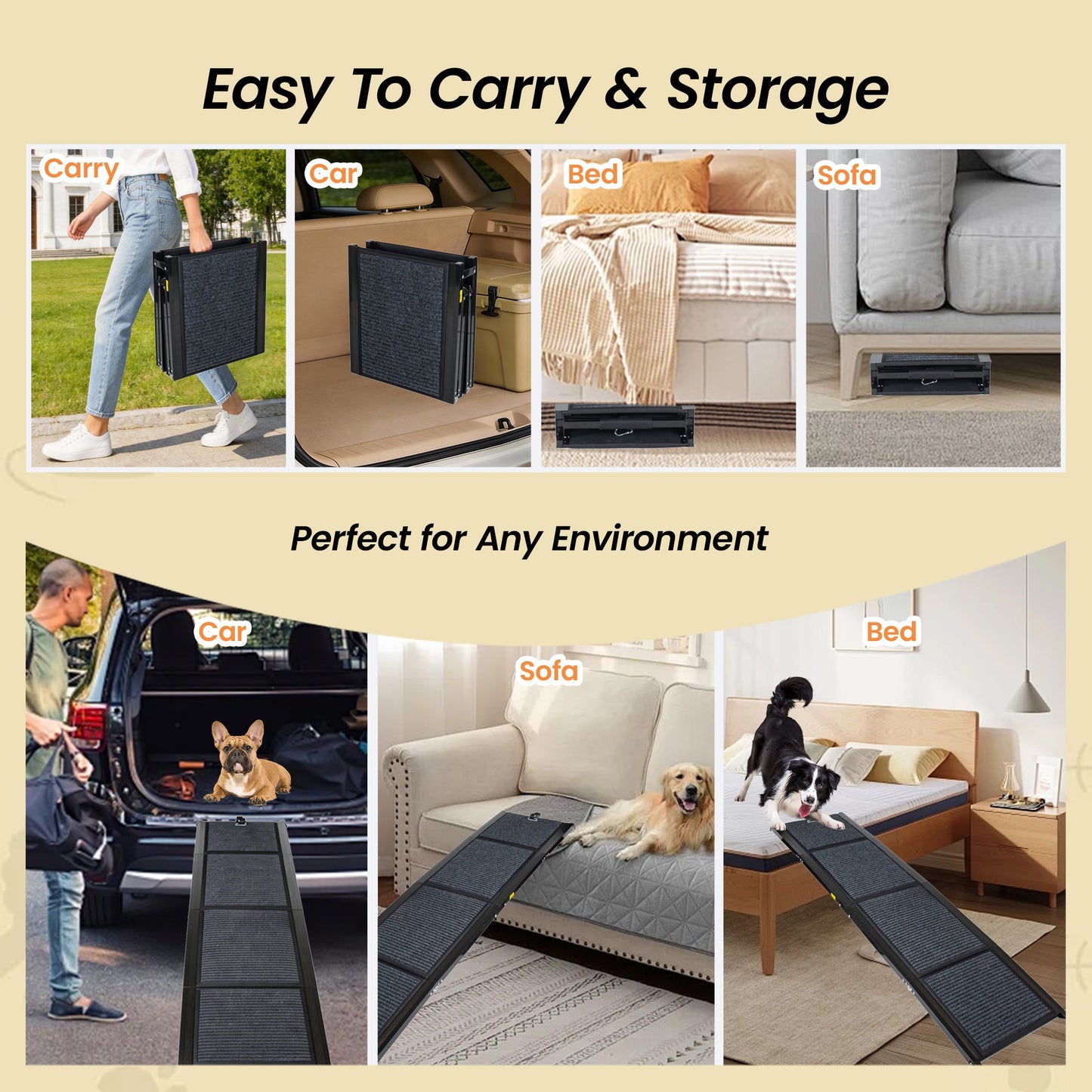Folding dog ramp by HouseOfZazla, 63in x 17.3in, black textured surface for car, bed & sofa use on Tampa Home & Garden Store