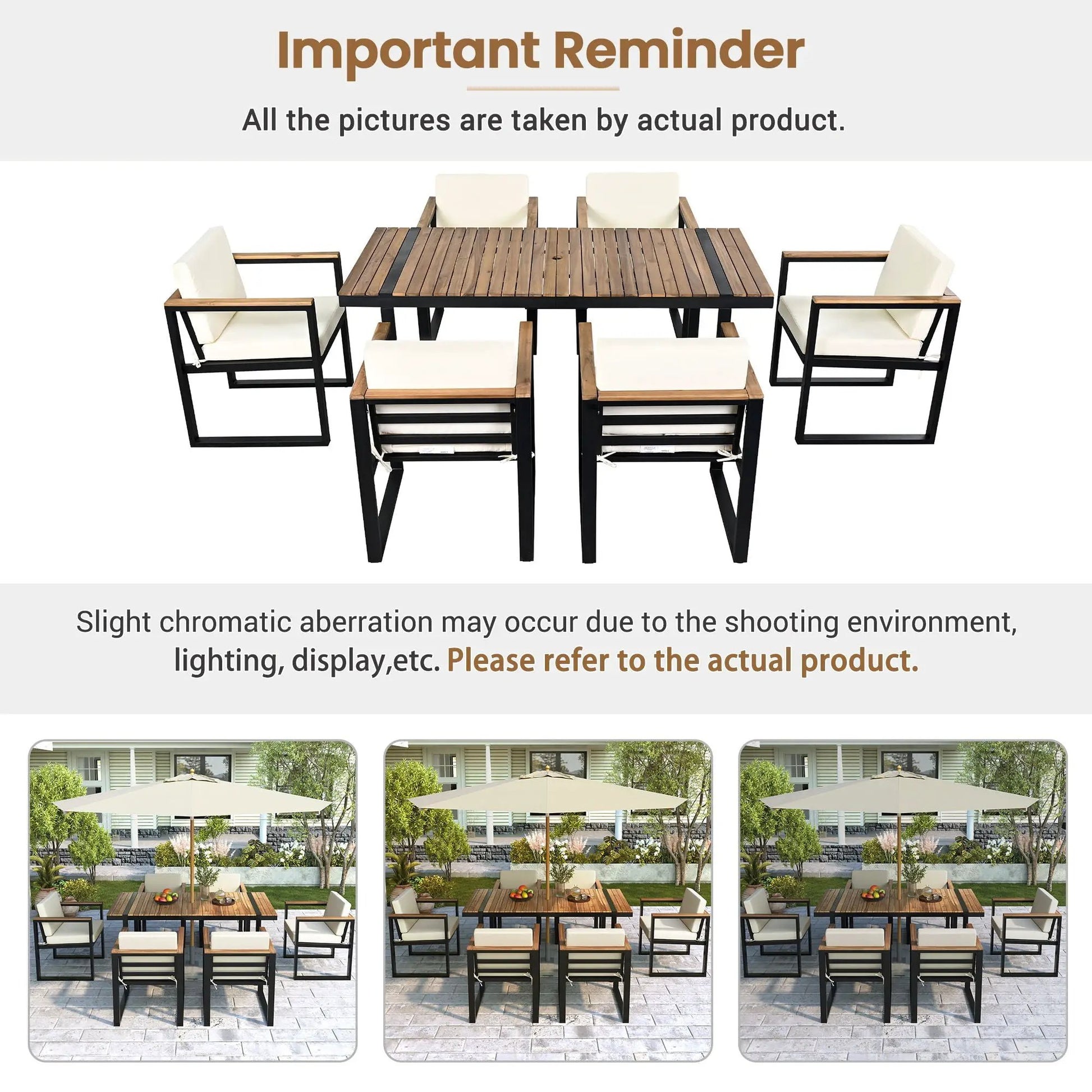 7 Piece outdoor dining set Unique Piece Furniture with wood slat table black frame and cream removable cushions on Tampa Home & Garden Store