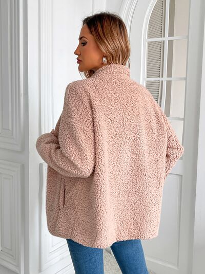 Fuzzy teddy jacket, pink, oversized zip-up winter outerwear by Stevvex, back view on model on Tampa Home & Garden Store