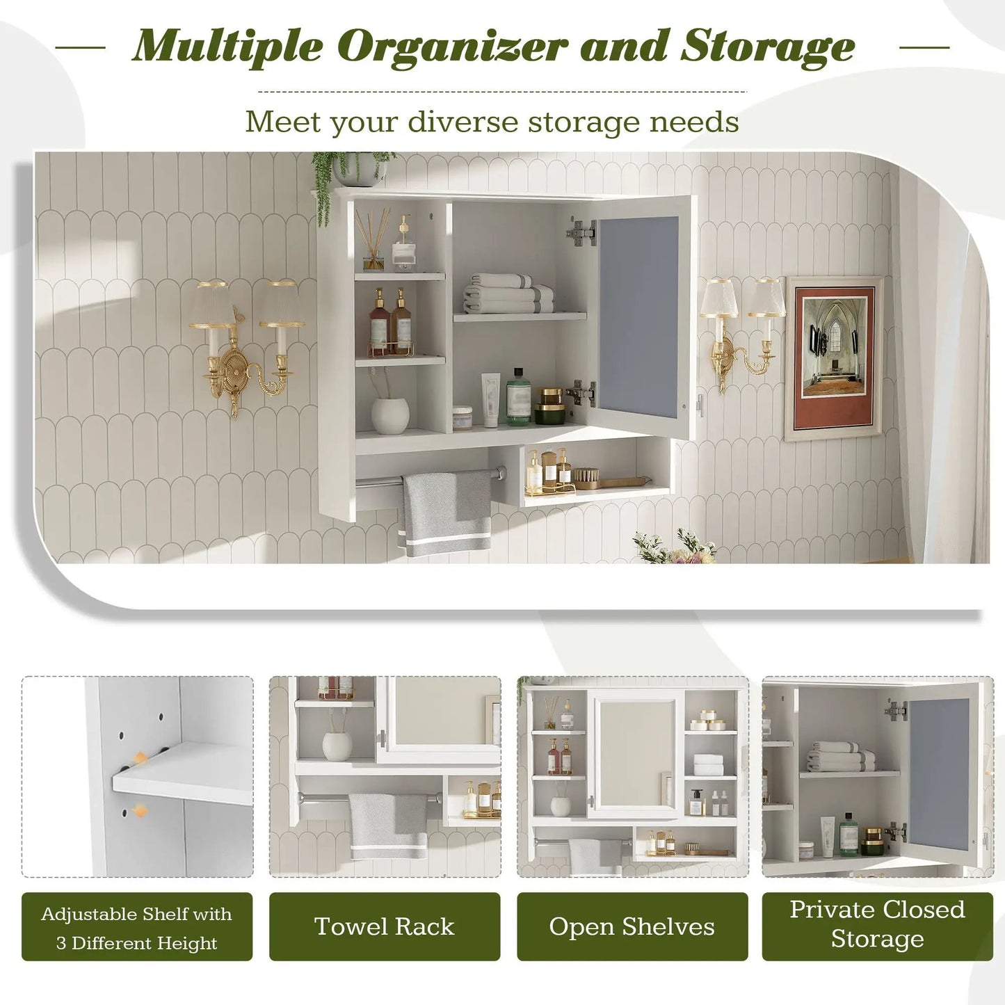 Wall mount 2-in-1 white mirror cabinet with adjustable shelves, open storage and towel rack on Tampa Home & Garden Store