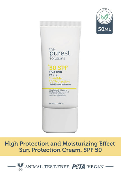 the purest solutions SPF50+ sun protection cream tube, white packaging with yellow text, 50 ml on Tampa Home & Garden Store