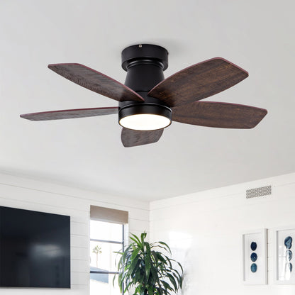 Ceiling fan with light, 32-inch flush mount, dark wood blades and black motor housing on Tampa Home & Garden Store