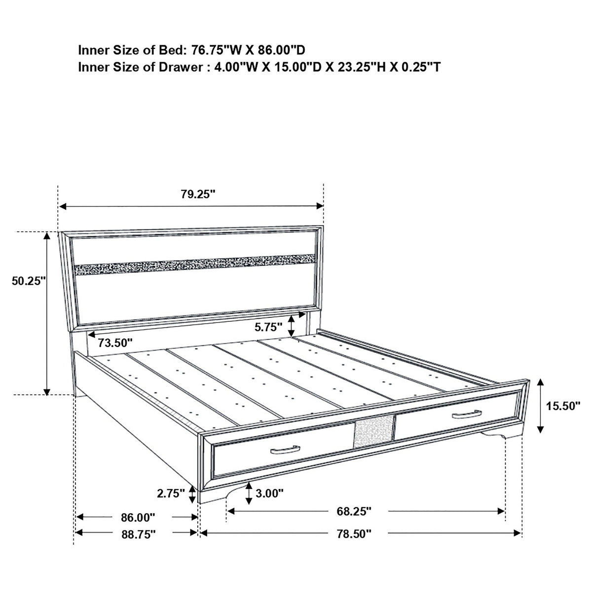 Corbin Glittering Bedroom Set 4-piece by HouseOfZazla blueprint bed drawers dimensions shown on Tampa Home & Garden Store
