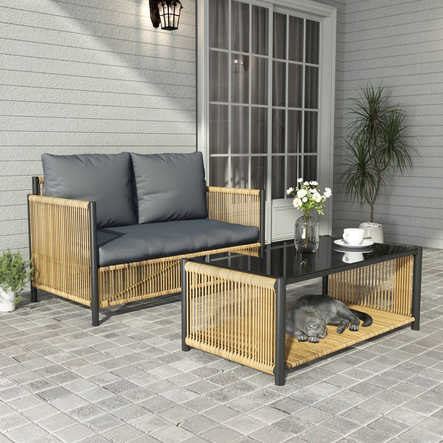 Patio 4-Piece Brown PE Wicker Sofa Set with Grey Cushions by HouseOfZazla outdoor furniture on Tampa Home & Garden Store