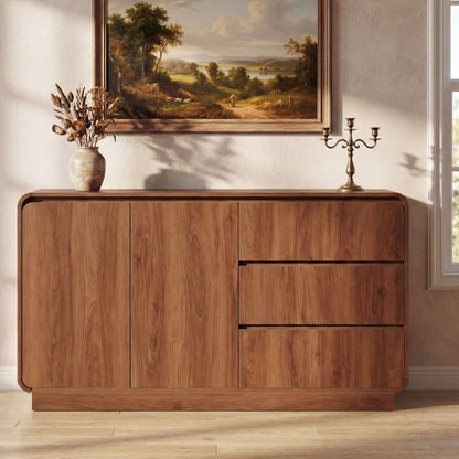 Wide storage sideboard in brown wood with 2 doors and 3 drawers, vase and brass candelabra on Tampa Home & Garden Store