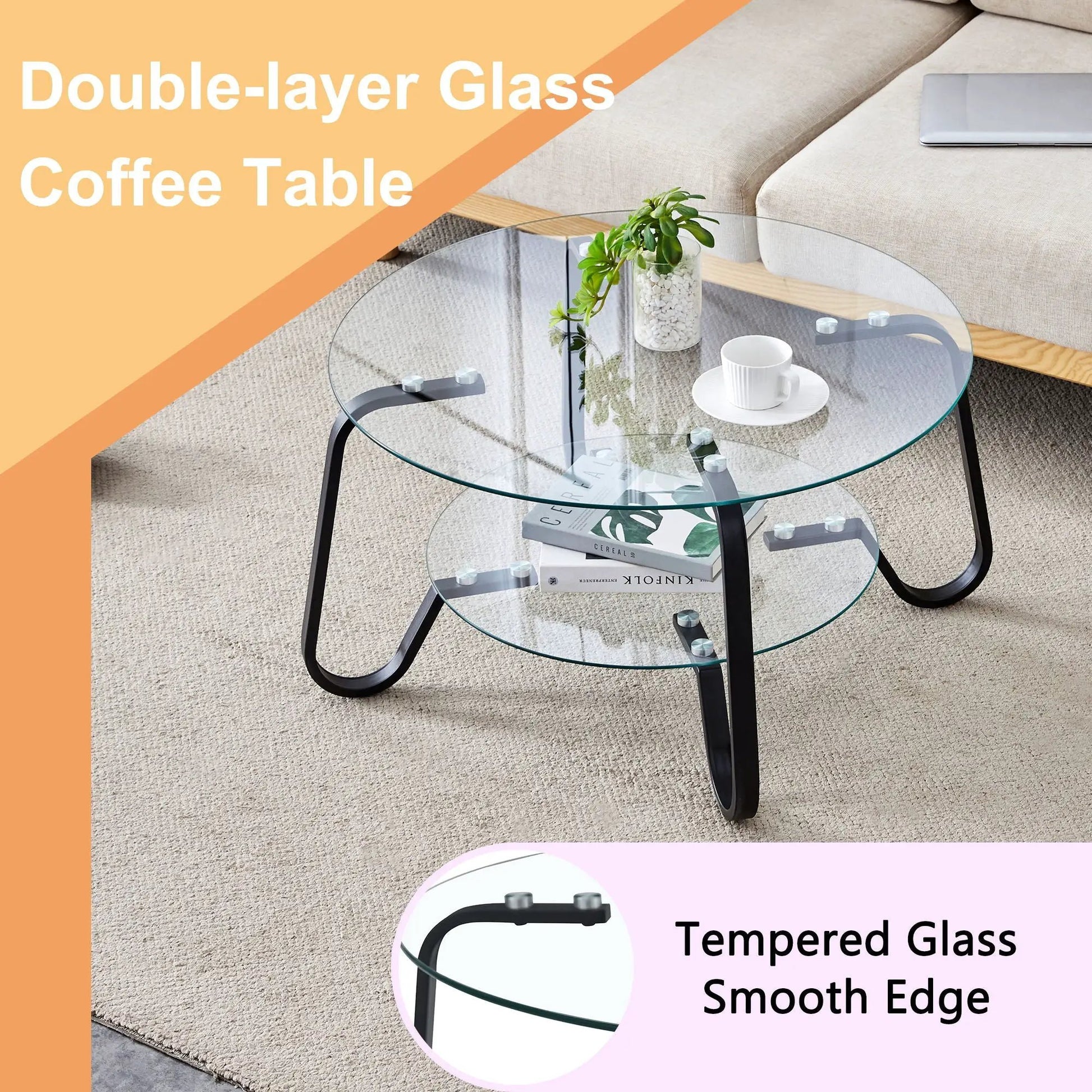 Double-Layer Glass Coffee Table with two round tempered glass shelves and black curved legs on Tampa Home & Garden Store