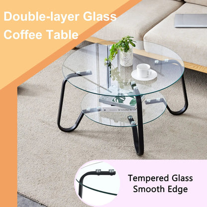 Double-Layer Glass Coffee Table with two round tempered glass shelves and black curved legs on Tampa Home & Garden Store