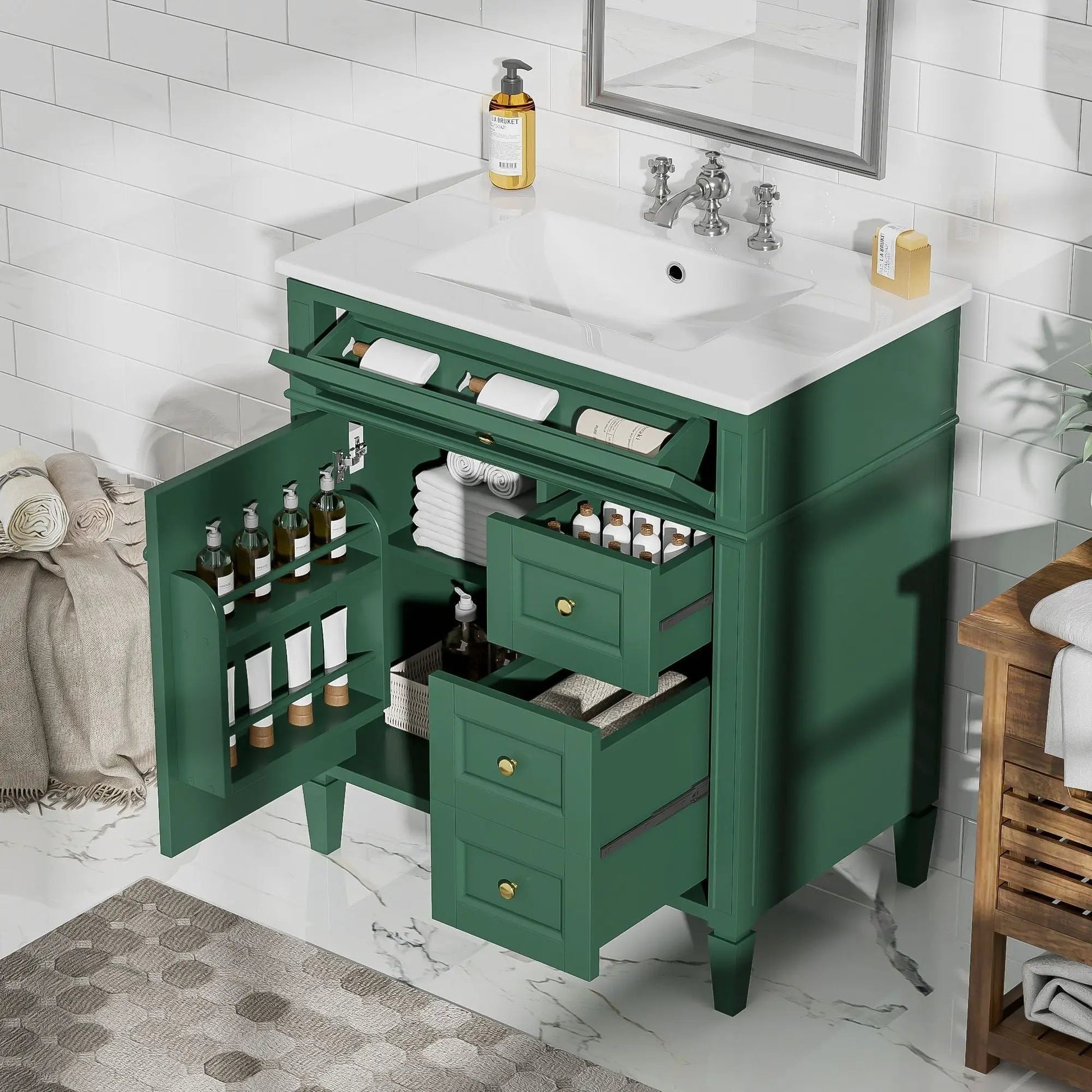 Green bathroom vanity with white top sink, two drawers and tip-out drawer on Tampa Home & Garden Store