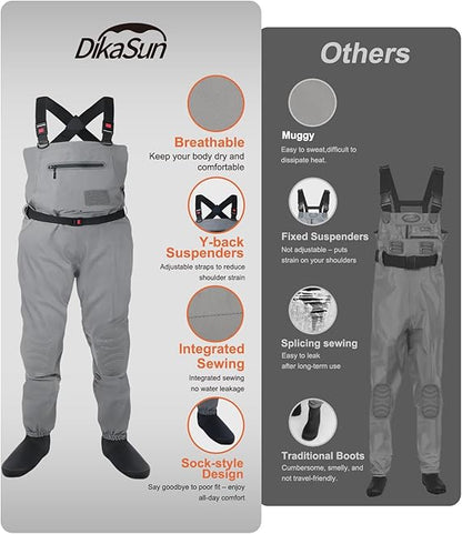 Dikasun Outdoor breathable stocking-foot waders for fly fishing, light gray with Y-back suspenders on Tampa Home & Garden Store