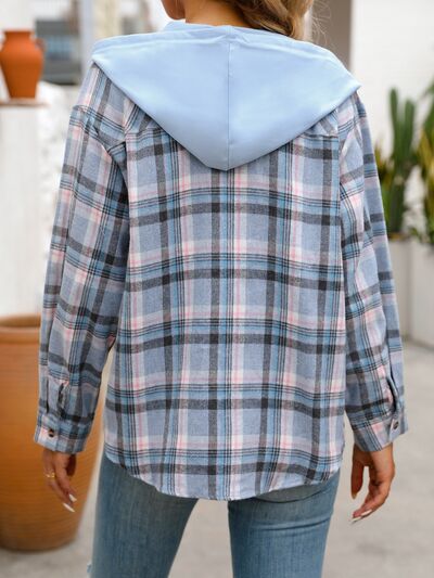 Plaid buttoned hooded jacket for women by Stevvex, cotton-blend coat with light blue hood on Tampa Home & Garden Store
