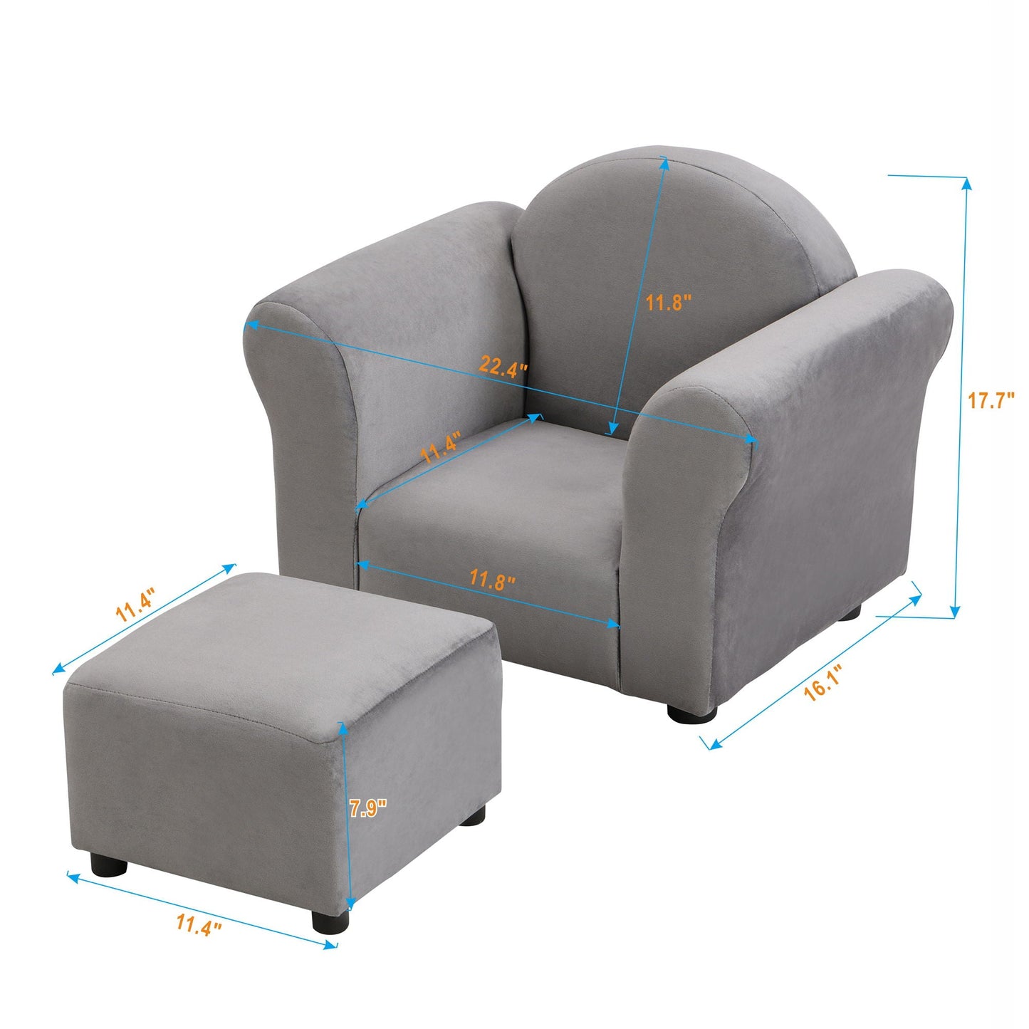 Kids Gray Upholstered Recliner Chair and Ottoman