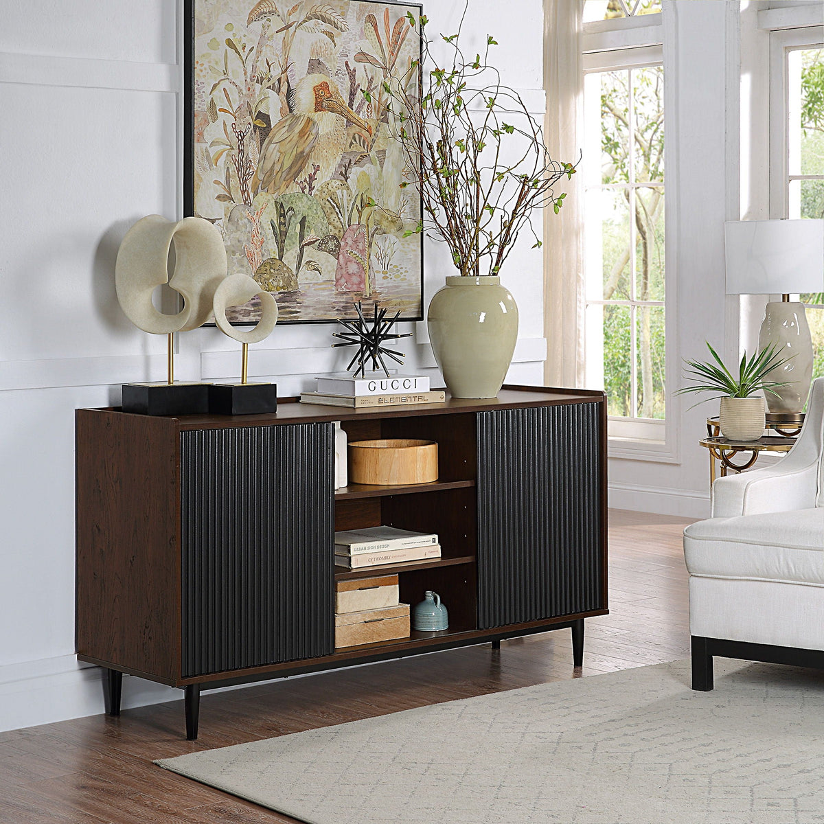 Fluted sideboard with adjustable storage by HouseOfZazla, dark ribbed doors on Tampa Home & Garden Store