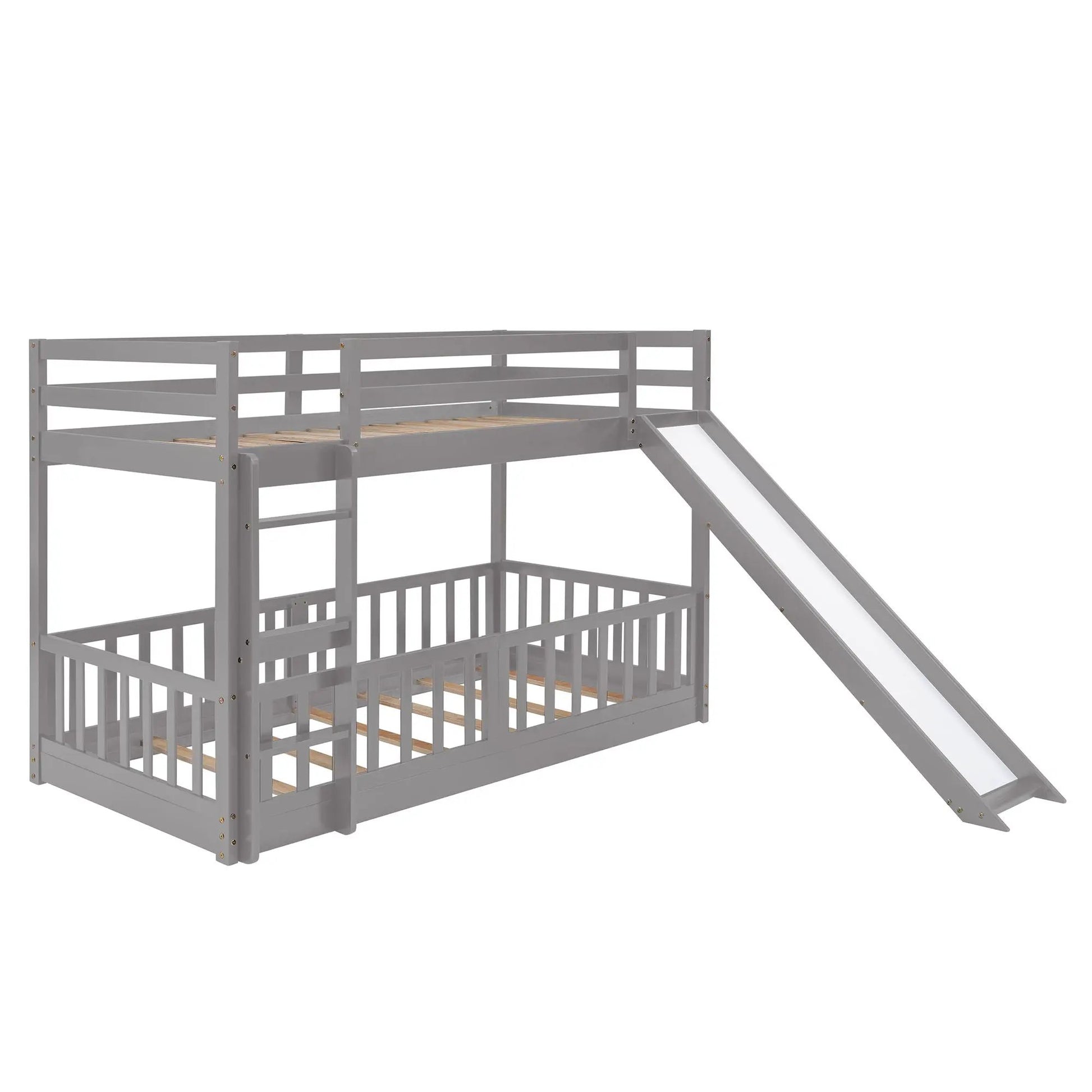 Gray bunk bed with slide and ladder, guard rails and wooden slats, Unique Piece Furniture on Tampa Home & Garden Store