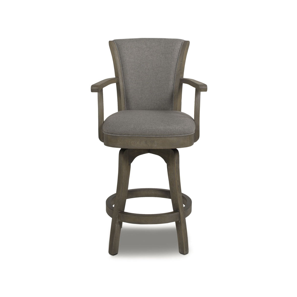 Swivel counter-height bar stool with high back and gray fabric upholstery on hardwood base on Tampa Home & Garden Store