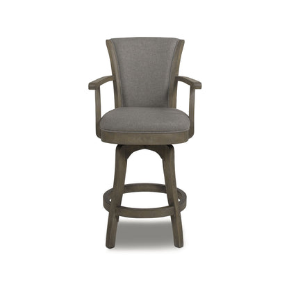 Swivel counter-height bar stool with high back and gray fabric upholstery on hardwood base on Tampa Home & Garden Store
