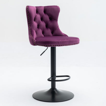 Swivel bar stools set of 2 with purple tufted upholstery, back, nailhead trim, adjustable height, black pedestal base on Tampa Home & Garden Store