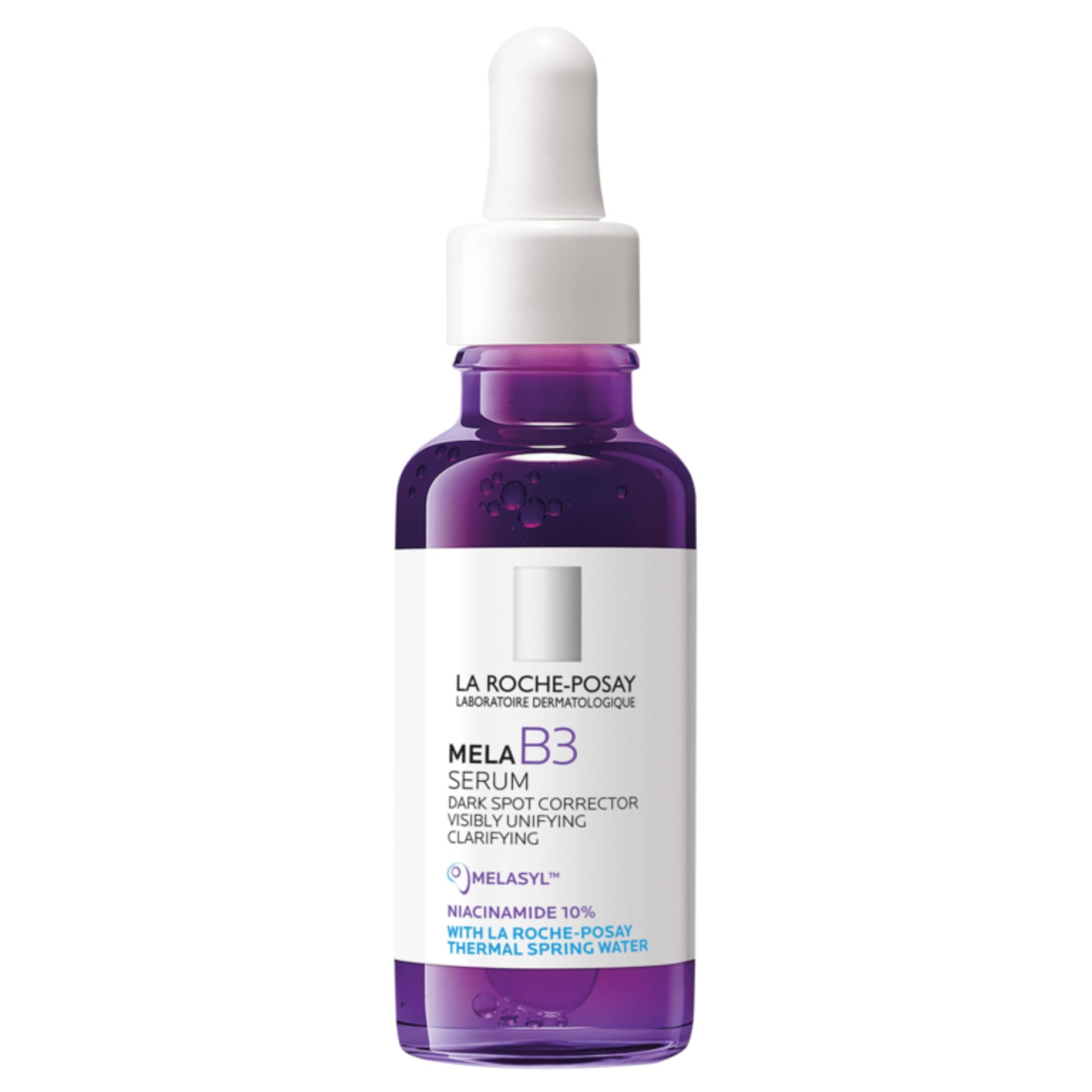La Roche-Posay Mela B3 serum bottle with white dropper cap, purple glass on Tampa Home & Garden Store
