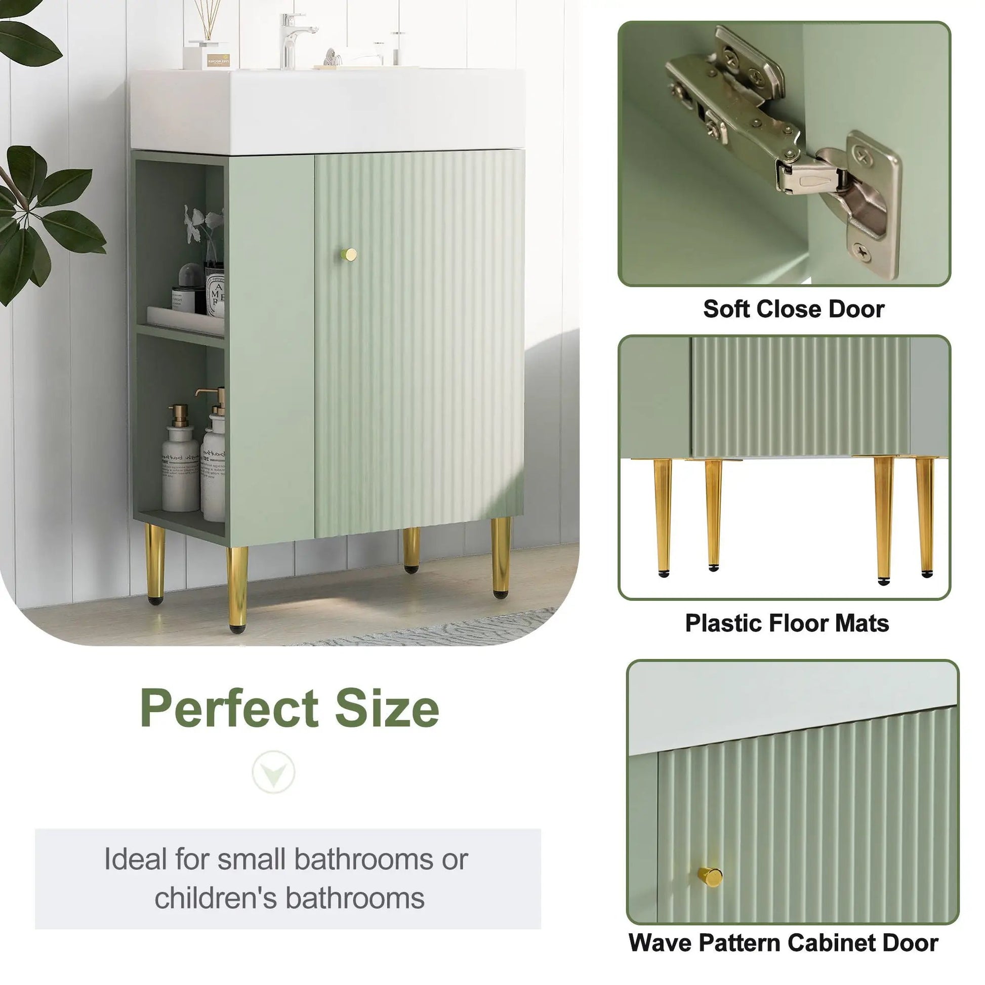 Bathroom vanity with white top and green ribbed door, open shelf, gold legs, single ceramic sink on Tampa Home & Garden Store