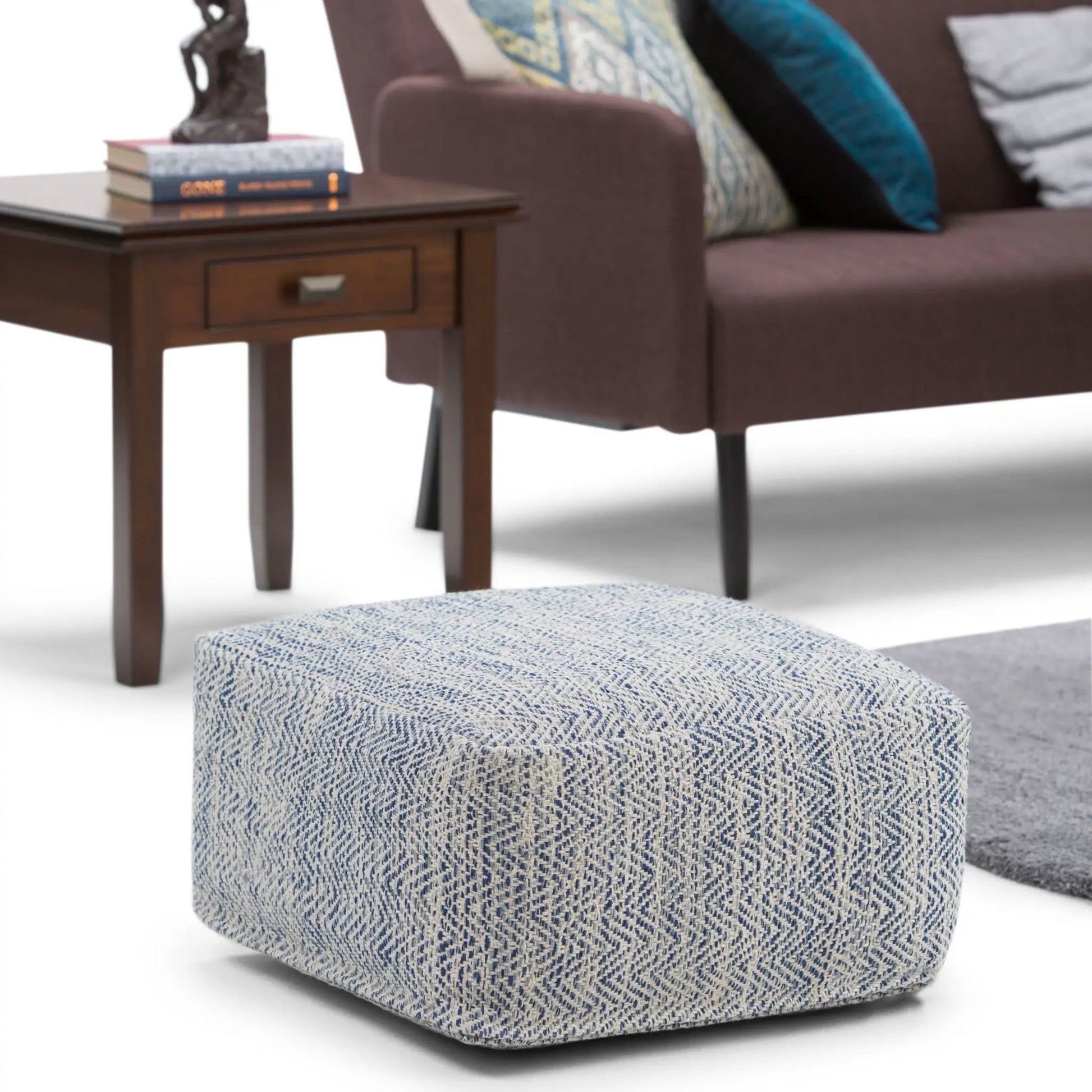 Nate handcrafted square pouf accent in blue woven fabric on Tampa Home & Garden Store