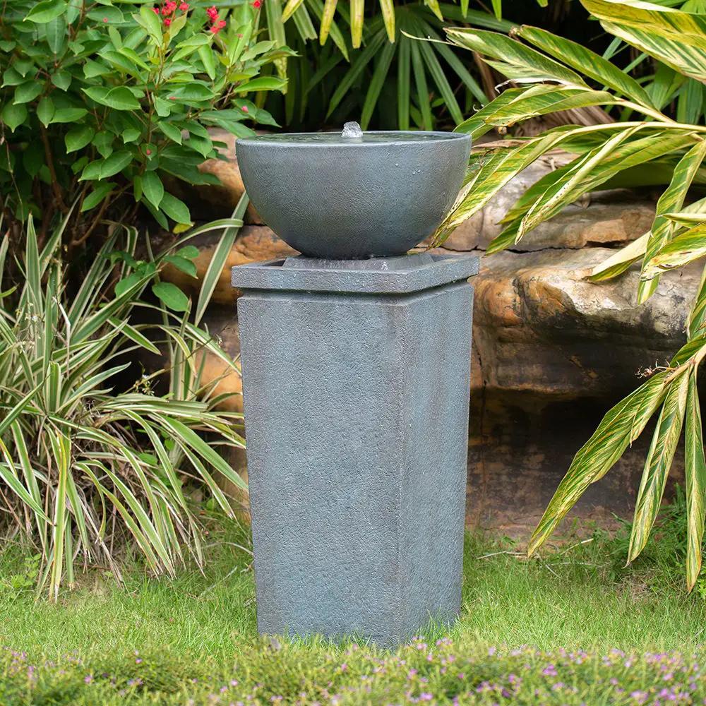 Zen Bowl Water Fountain with gray stone pedestal for outdoor garden decor on Tampa Home & Garden Store