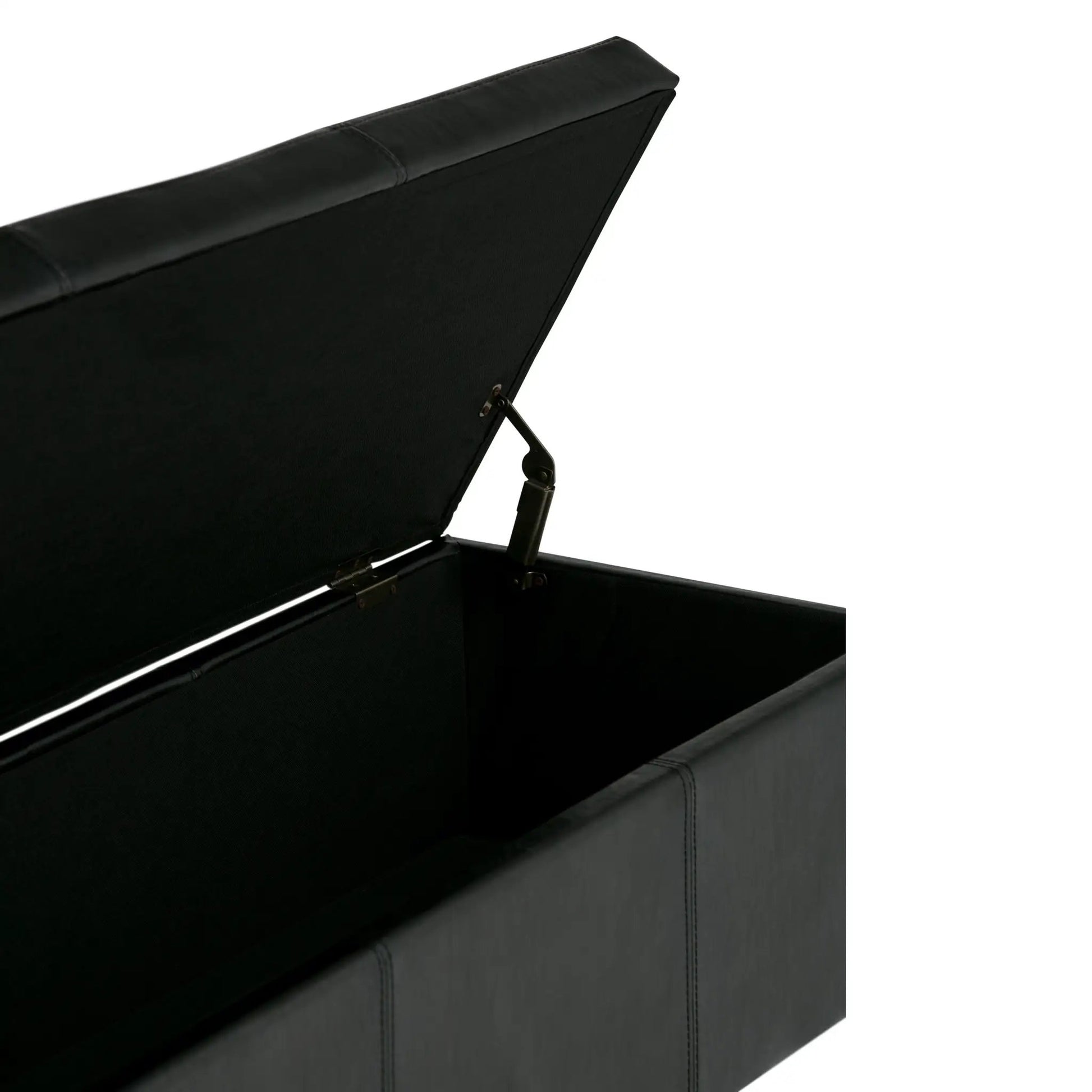 Avalon storage ottoman bench by Unique Piece Furniture, black upholstery, metal hinges, open lid on Tampa Home & Garden Store