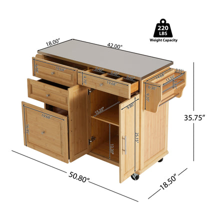 Bamboo Rolling Kitchen Island with Steel Top