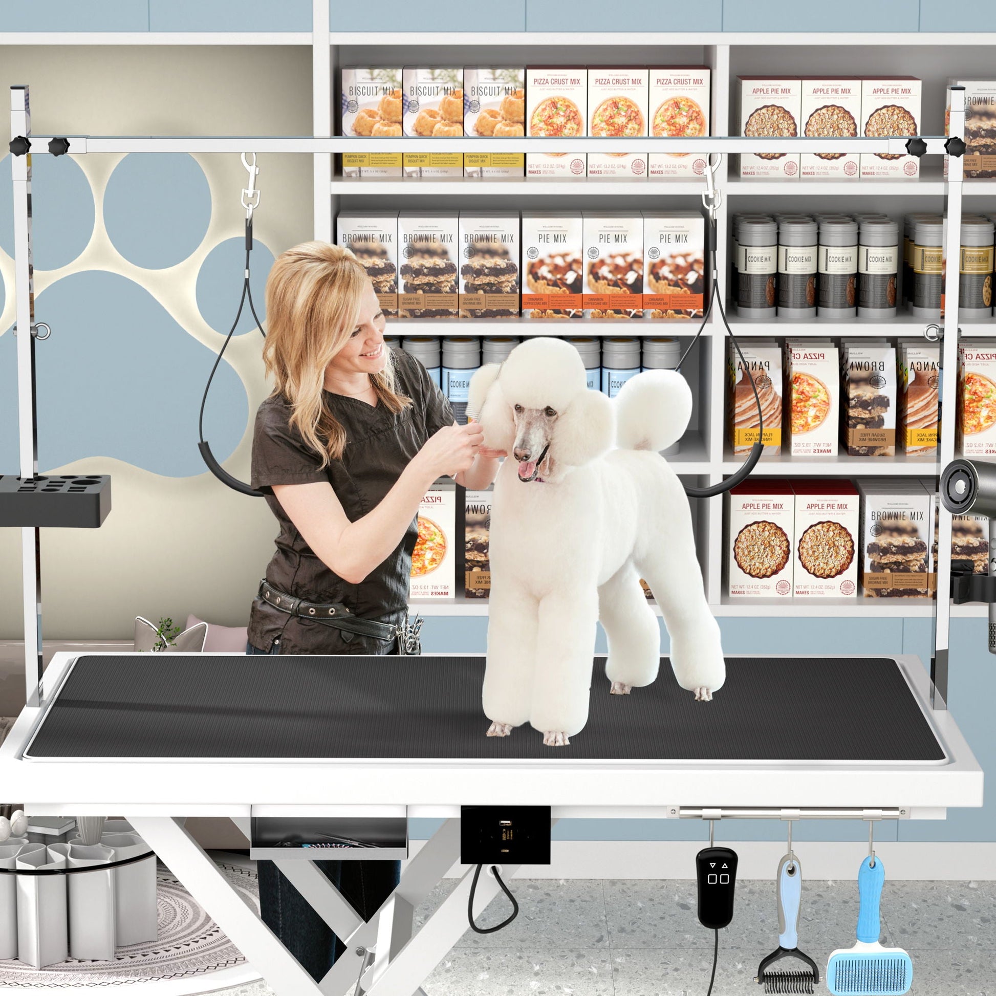 Electric height-adjustable pet grooming table with a groomer and fluffy white dog in a shop on Tampa Home & Garden Store