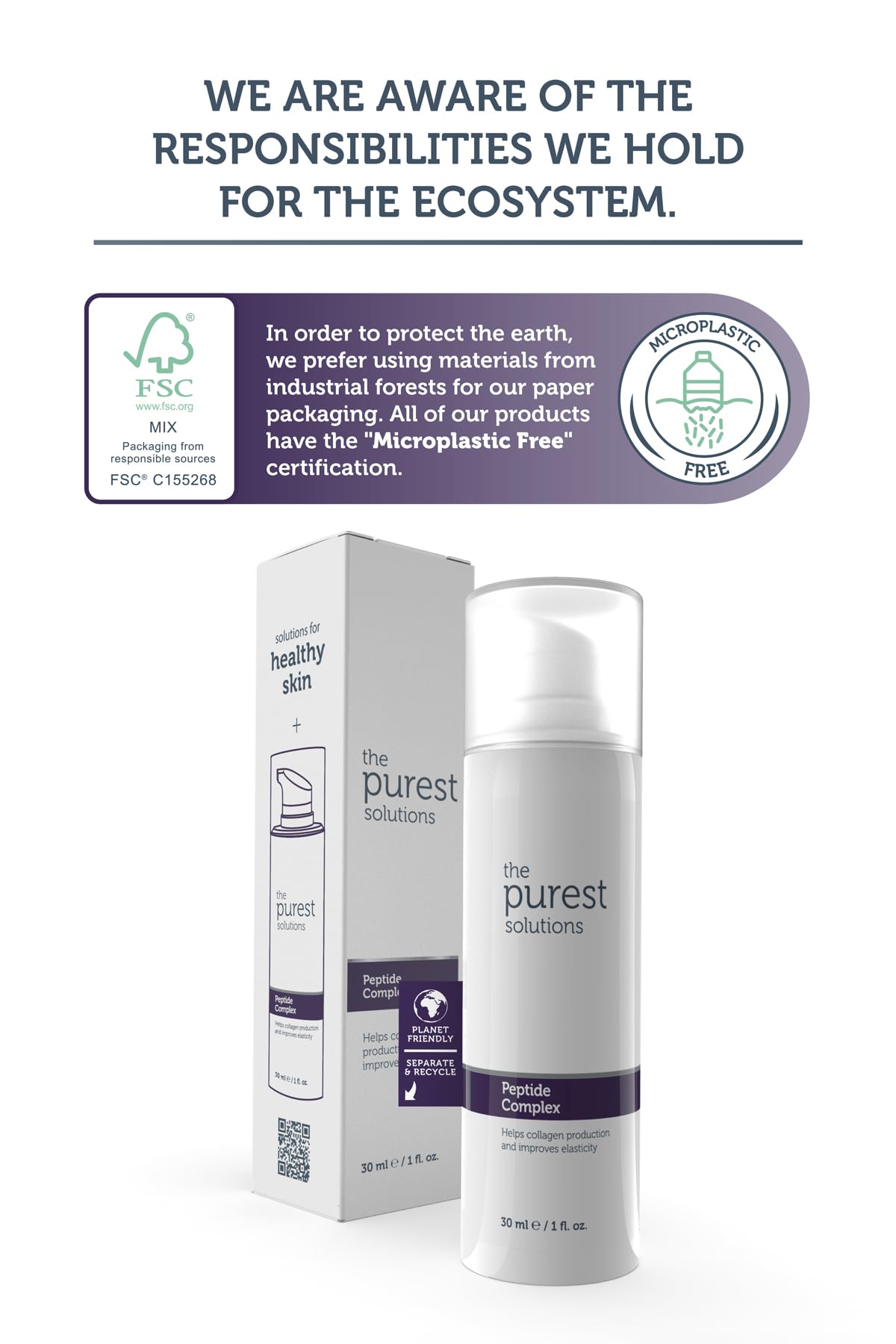 the purest solutions peptide complex serum bottle with pump beside its box, 30 ml on Tampa Home & Garden Store