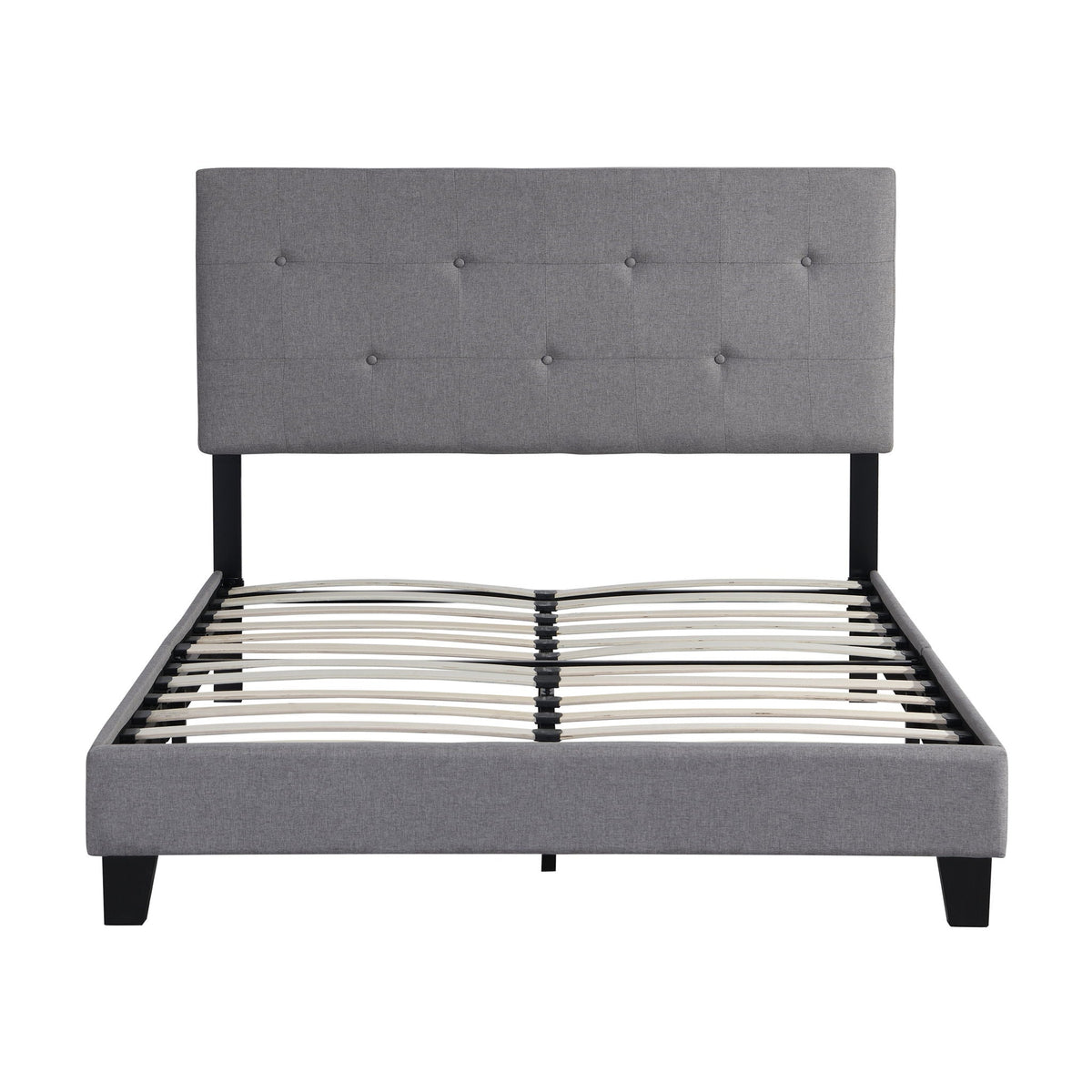 Full size upholstered platform bed frame with button tufted gray headboard and wood slat on Tampa Home & Garden Store