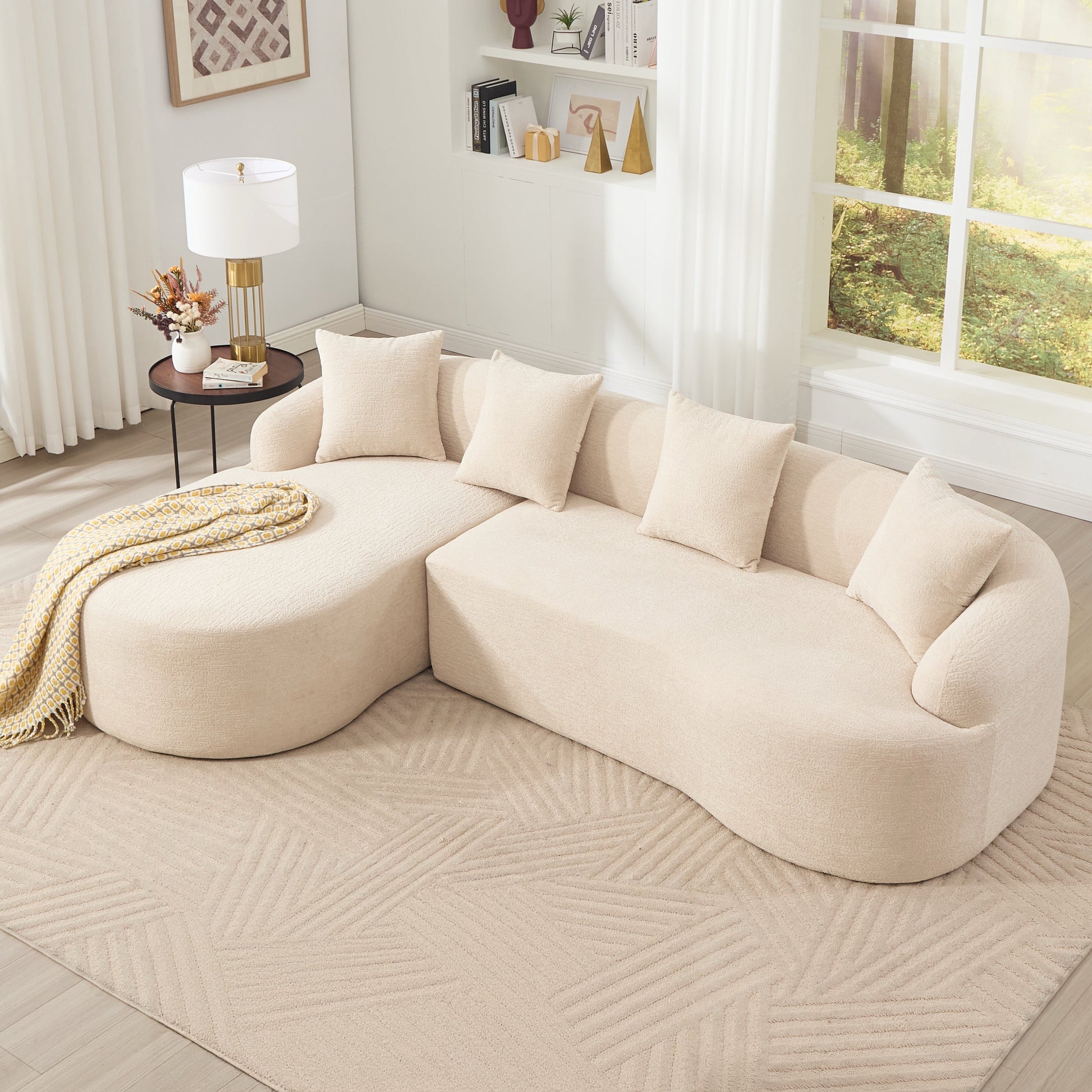 Boneless L-Shape Sectional Sofa with Curved Chaise beige fabric HouseOfZazla in living room on Tampa Home & Garden Store