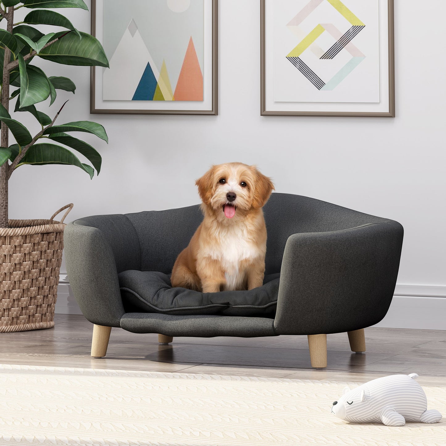 Elevated Dog Bed Frame for Small Dogs with Rubber Wood Legs, gray cushion, in living room on Tampa Home & Garden Store