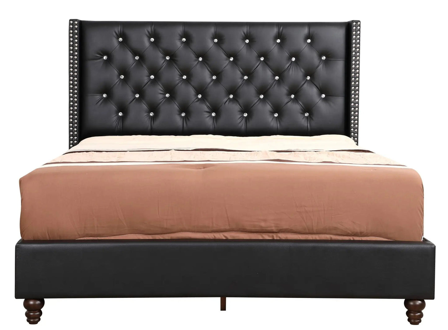 Upholstered headboard by Unique Piece Furniture nailhead trim black leather crystal buttons on Tampa Home & Garden Store