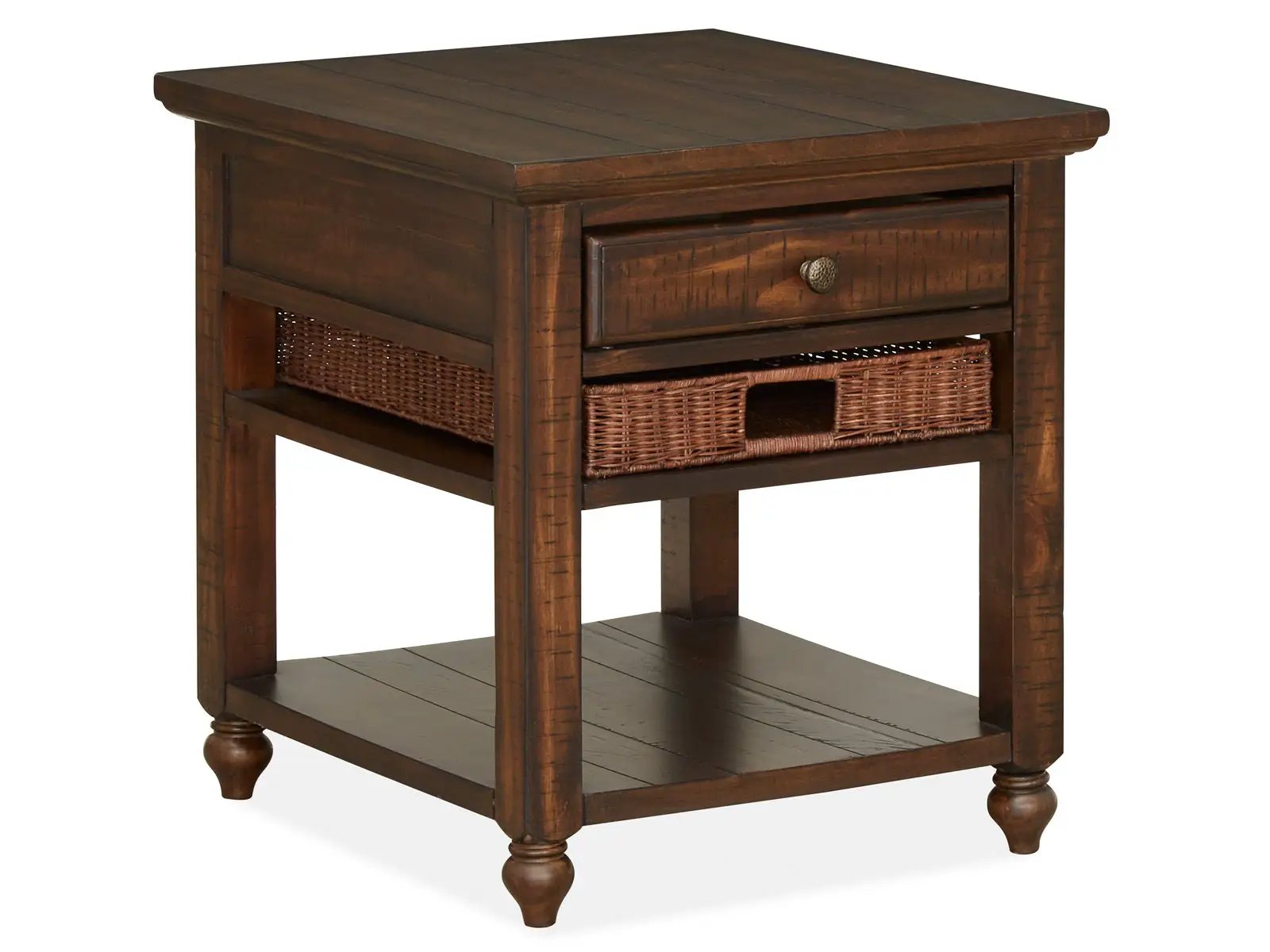 Cottage Lane wood rectangular end table with espresso finish, single drawer, woven basket shelf on Tampa Home & Garden Store