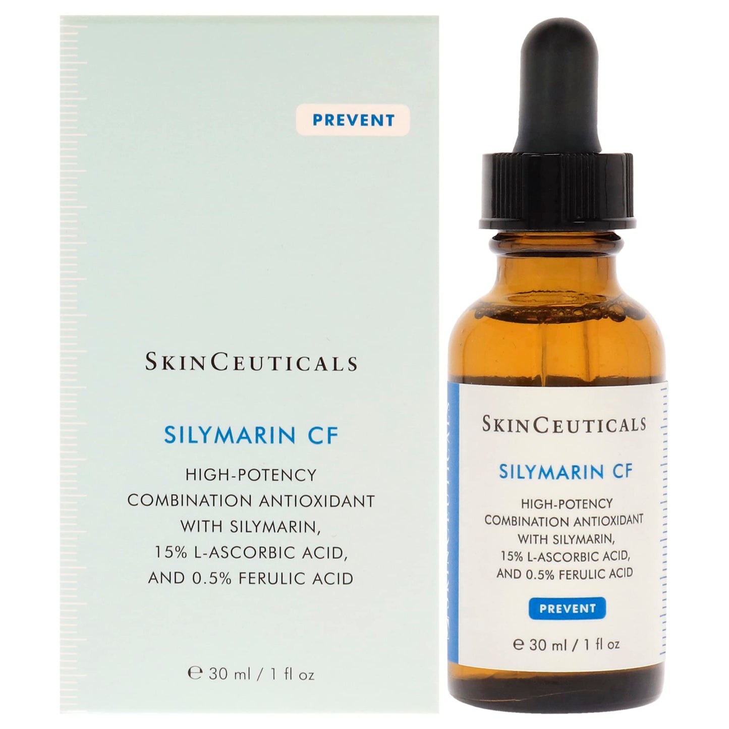 Face serum Silymarin CF SkinCeuticals beside pale blue Prevent box and dropper bottle on Tampa Home & Garden Store