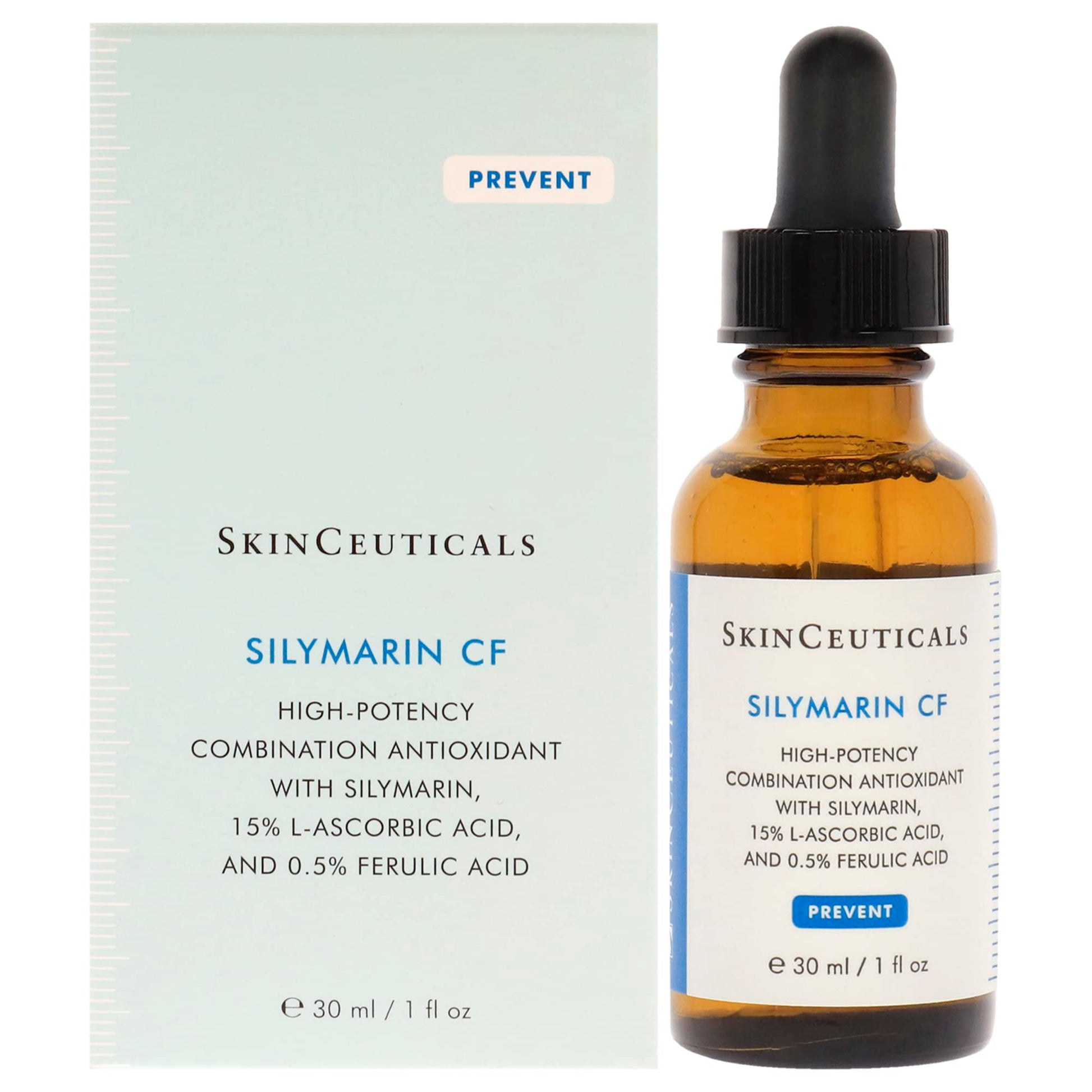 Face serum Silymarin CF SkinCeuticals beside pale blue Prevent box and dropper bottle on Tampa Home & Garden Store