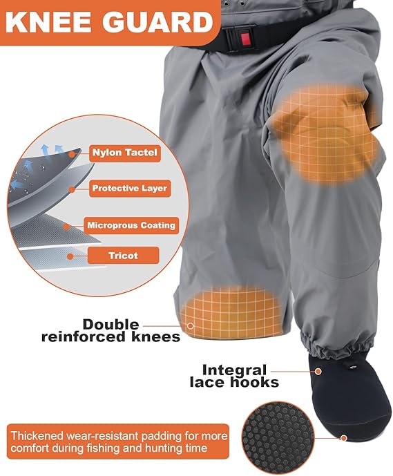 DikaSun breathable stocking foot waders for fly fishing, unisex gray with orange knee guards on Tampa Home & Garden Store