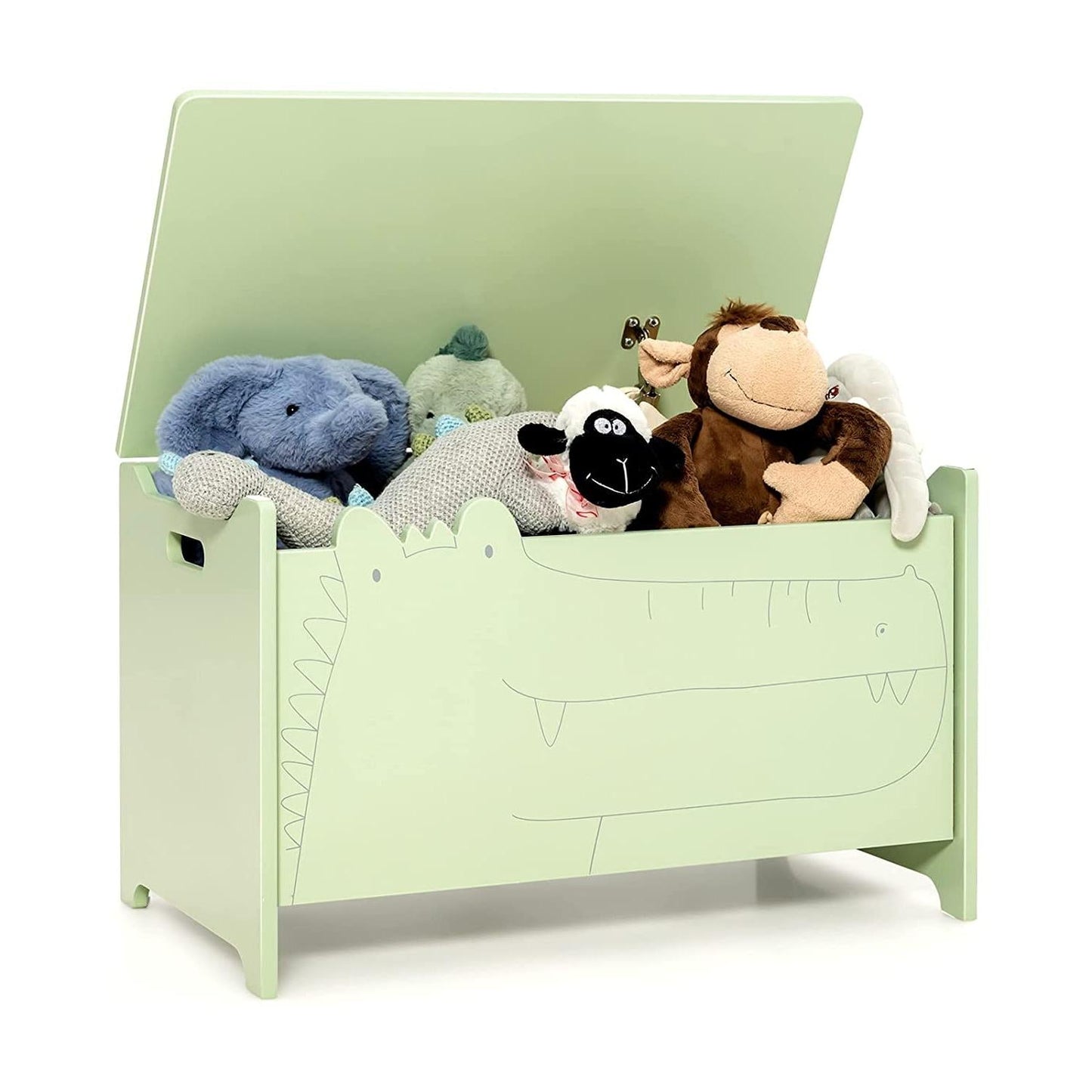 Wooden kids toy box by DirectDeals with safety hinge in pastel green, filled with plush toys on Tampa Home & Garden Store