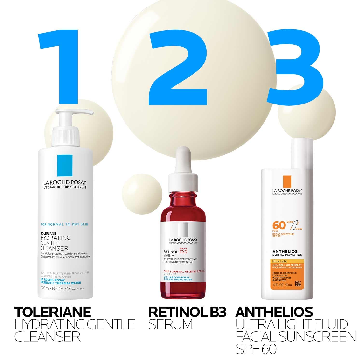 Retinol B3 Serum center with cleanser left and sunscreen right, 3-item skincare set on Tampa Home & Garden Store