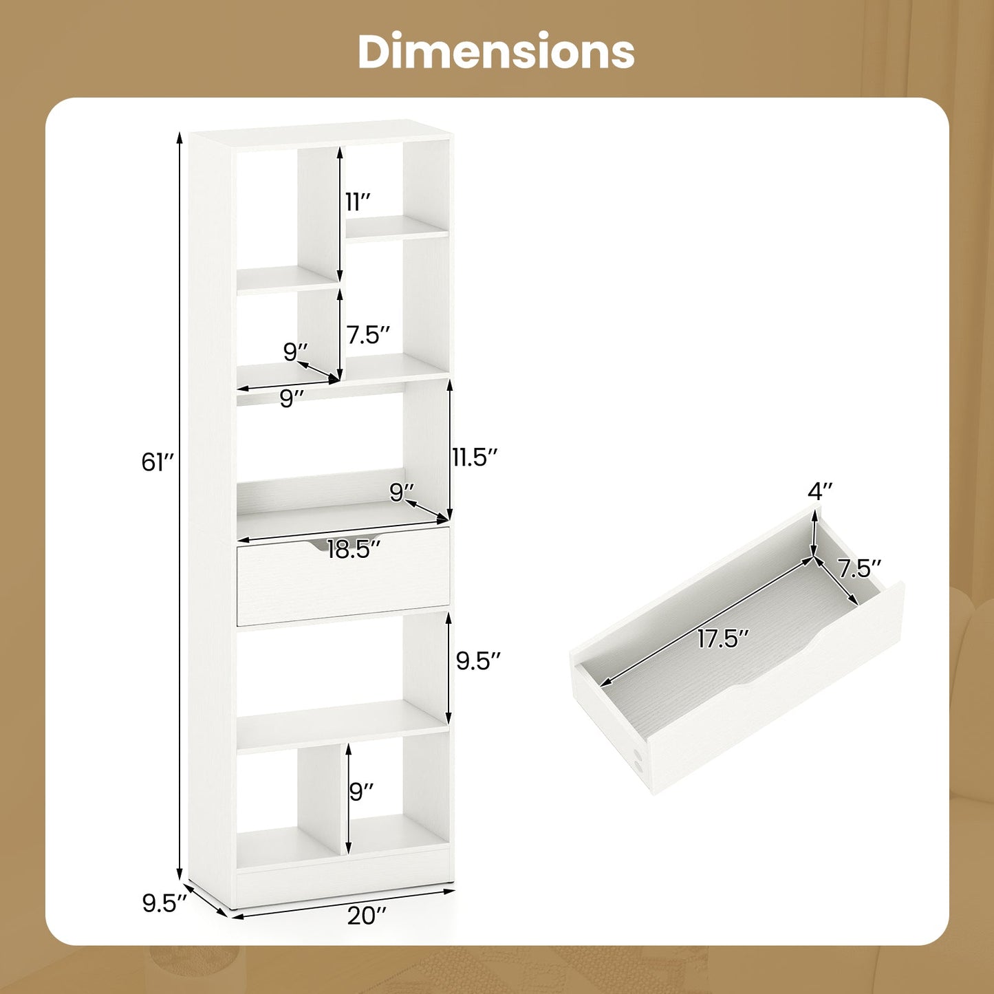 61inch Tall Freestanding Bookcase with Drawer 8-Cube Storage Organizer