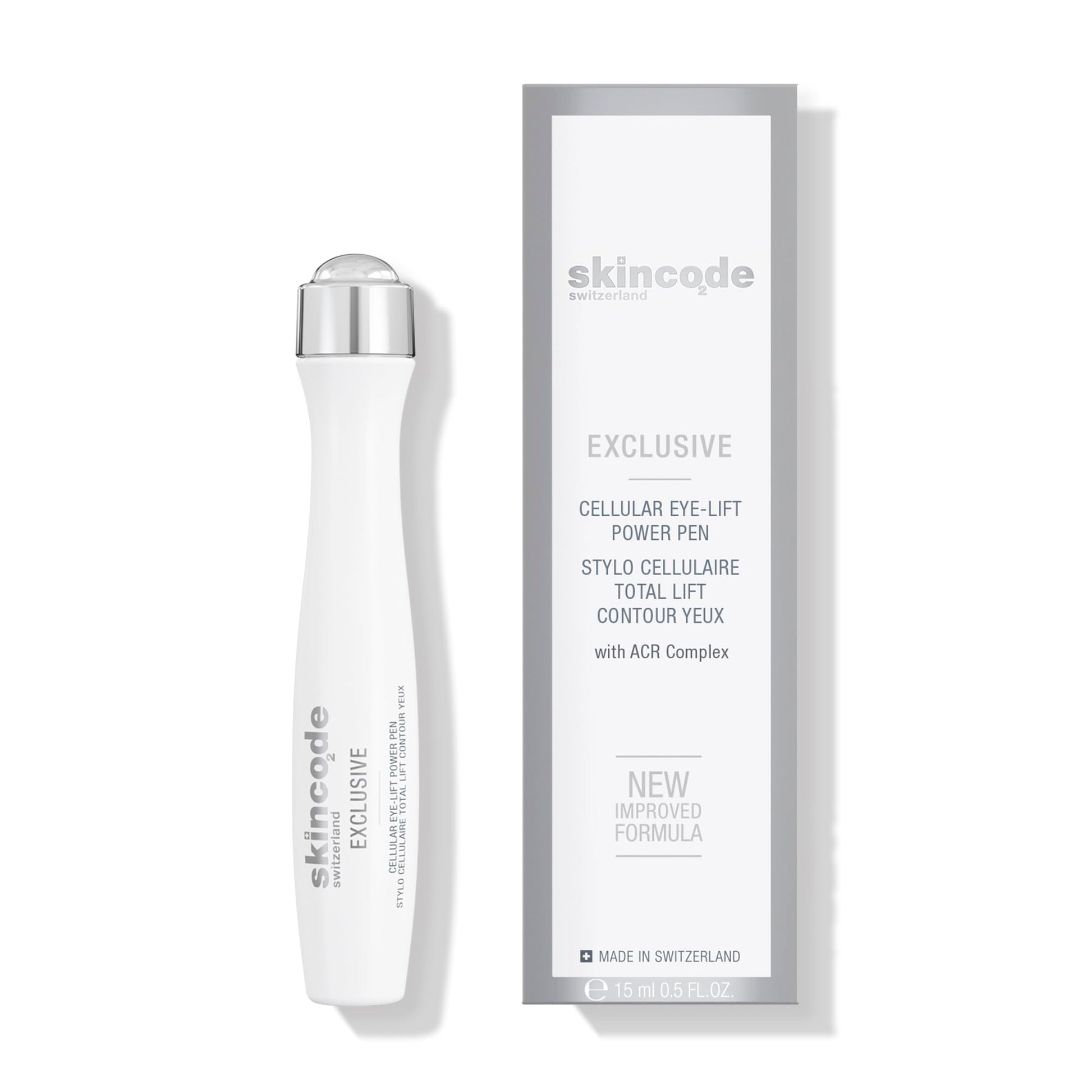 Eye cream Skincode Cellular Eye Lift Power Pen 15ml white body with silver cap beside box on Tampa Home & Garden Store