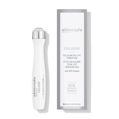Eye cream Skincode Cellular Eye Lift Power Pen 15ml white body with silver cap beside box on Tampa Home & Garden Store