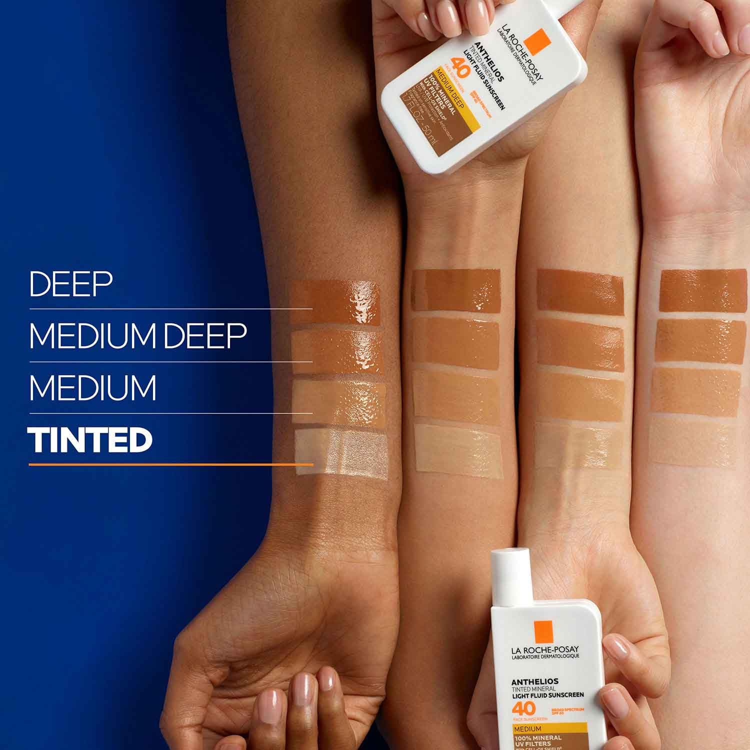Tinted sunscreen La Roche-Posay Anthelios SPF 50+ shown with four shade swatches on arms on Tampa Home & Garden Store