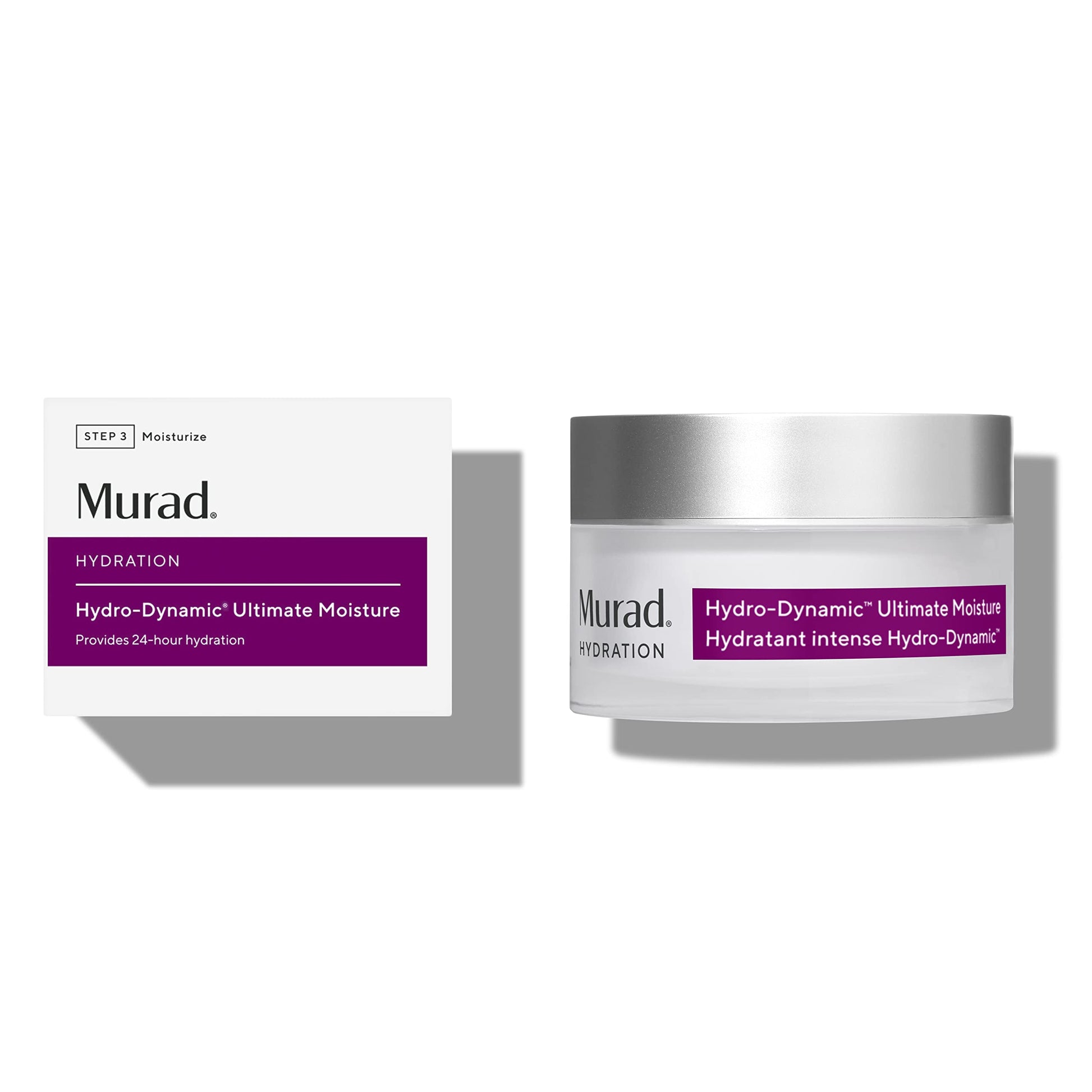 Murad Hydro-Dynamic Ultimate Moisture face cream jar beside white box with purple label on Tampa Home & Garden Store