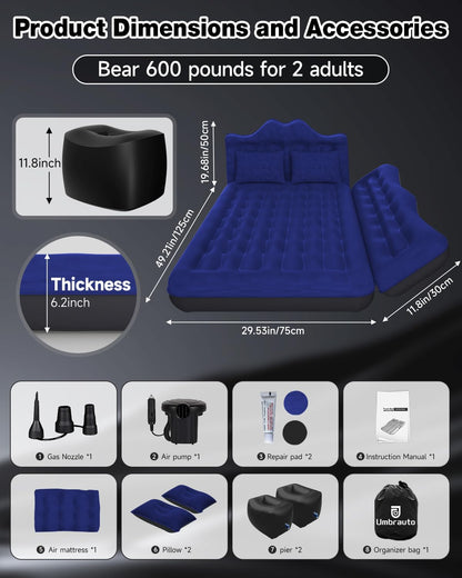 Umbrauto navy backseat car air mattress 75cm wide with pump and pillows on Tampa Home & Garden Store